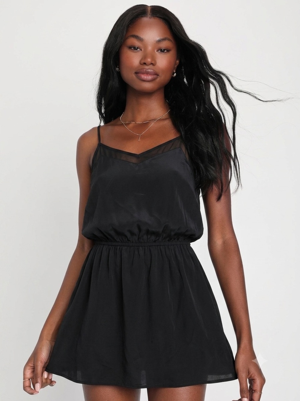 Express Little Black Mini Dress with Mesh Trim & Elastic Waist